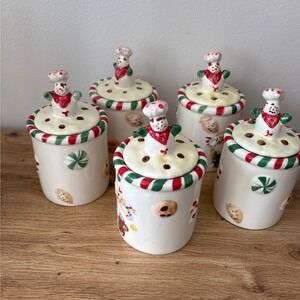 Vintage K's Collection Snowman Chef Cookie Jar Set 5 Ceramic Christmas Holiday‎